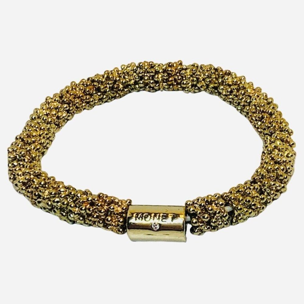 Vintage Monet Gold Tone Tube Beaded Roll On Stretch Bracelet Size 7"